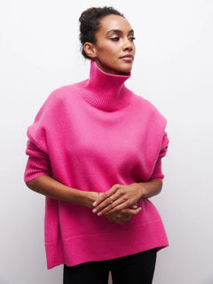 Vibrant Pink Oversized Turtleneck Knit Sweater | Women's Fuchsia High-Neck Party Pullover