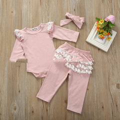 Infant And Toddler Cotton Lace Long-sleeved Harness Lace Long Pants Set