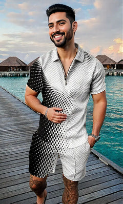 Men's Summer Fashion 3D Printed Short Sleeve Geometric Zip Lapel Shirt Set