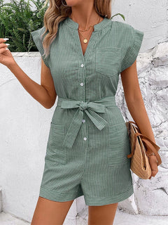 Hot Summer Leisure Commute Jumpsuit Pinstripe Short Sleeve One-piece Shorts