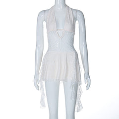 Short Stitching Ribbon Halter Lace Hollow-out Deep V-neck Backless Hot Girl Dress