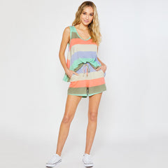 Womens Rainbow Stripes Short Sleeve Pajama Set Night Lounge Top Short
