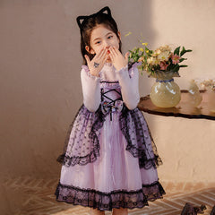 LITTLE Girls light purple silk with long sleeve with black lace trim ascent design dress