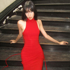 Hollow Out Sleeveless Hanging Neck Dress At Back