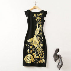 Gold Thread Embroidery Flower Phoenix Back Slit Dress