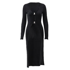 Sexy Black V-neck Low-cut Metal Buckle long summer Cardigan