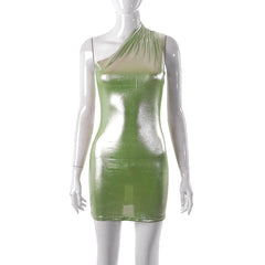 New One-shoulder Sleeveless Slim Wrap Buttock Bright Face Hot Girl Dress