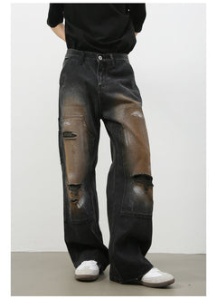 Street Retro Jeans Men's Loose Hole Straight-leg Trousers