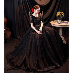 Elegant Black Deep V-neck Evening Long-sleeve Wedding Dress