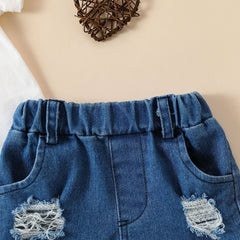 Girls' Summer Casual Suit Short Sleeved Kazakhstan Denim Shorts Two-piece Set