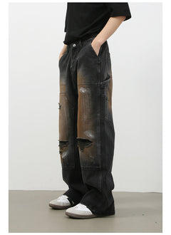 Street Retro Jeans Men's Loose Hole Straight-leg Trousers