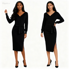 new SEXY RED Autumn And Winter Knitted Slim Double V-Neck FALL Sweater DRESS FOR WOMEN